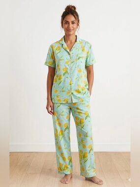 Mahogany Pajama Set Lemon Print Blue Yellow Cotton Top Pants Large Colorful